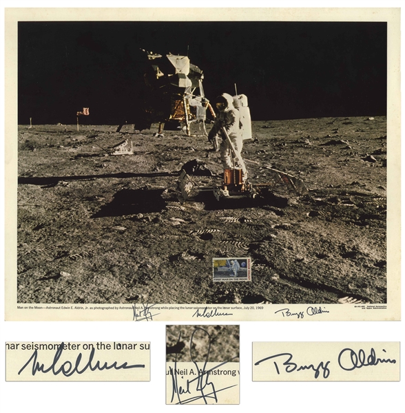 Apollo 11 Crew Signed 20'' x 16'' Lithograph -- Bold, Uninscribed Signatures by All Three